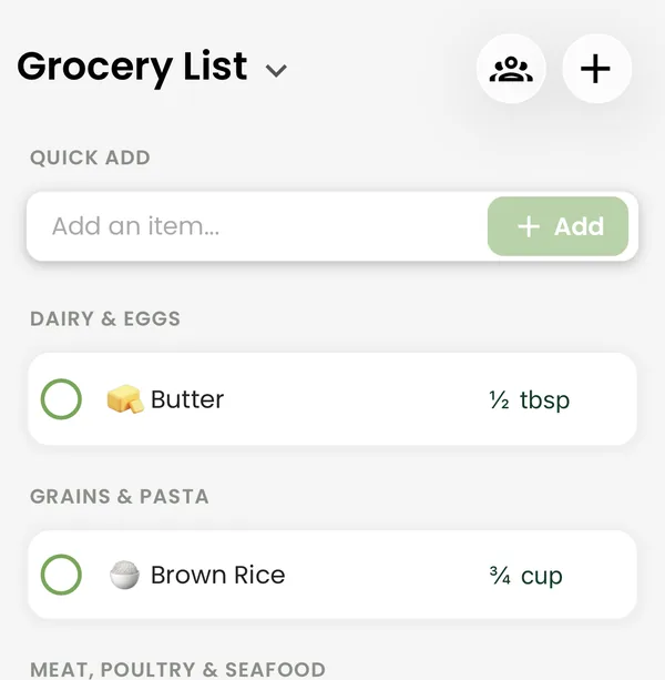 Supper's grocery list sorted by aisle: dairy and eggs, grains and pasta, meat